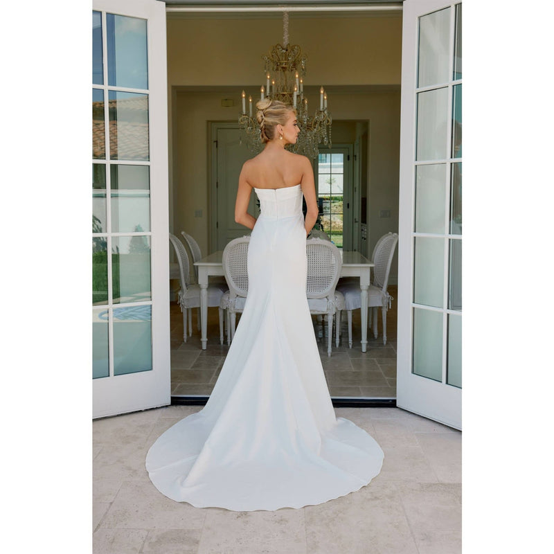 {Elegant Strapless White Bridal Gown with Boned Waist and Train} - {} at {Linda Mariposa}