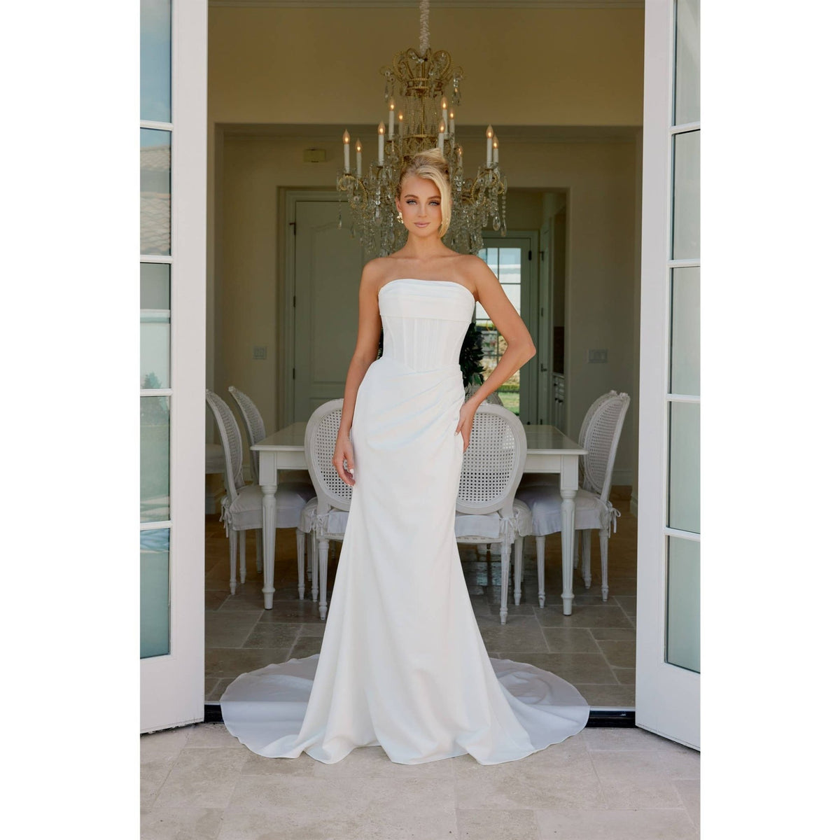 {Elegant Strapless White Bridal Gown with Boned Waist and Train} - {} at {Linda Mariposa}