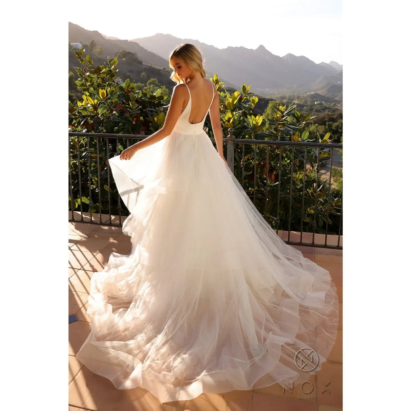 {Elegant V - Neck Layered Tulle A - Line Wedding Bridal Gown JE997} - {} at {Linda Mariposa}