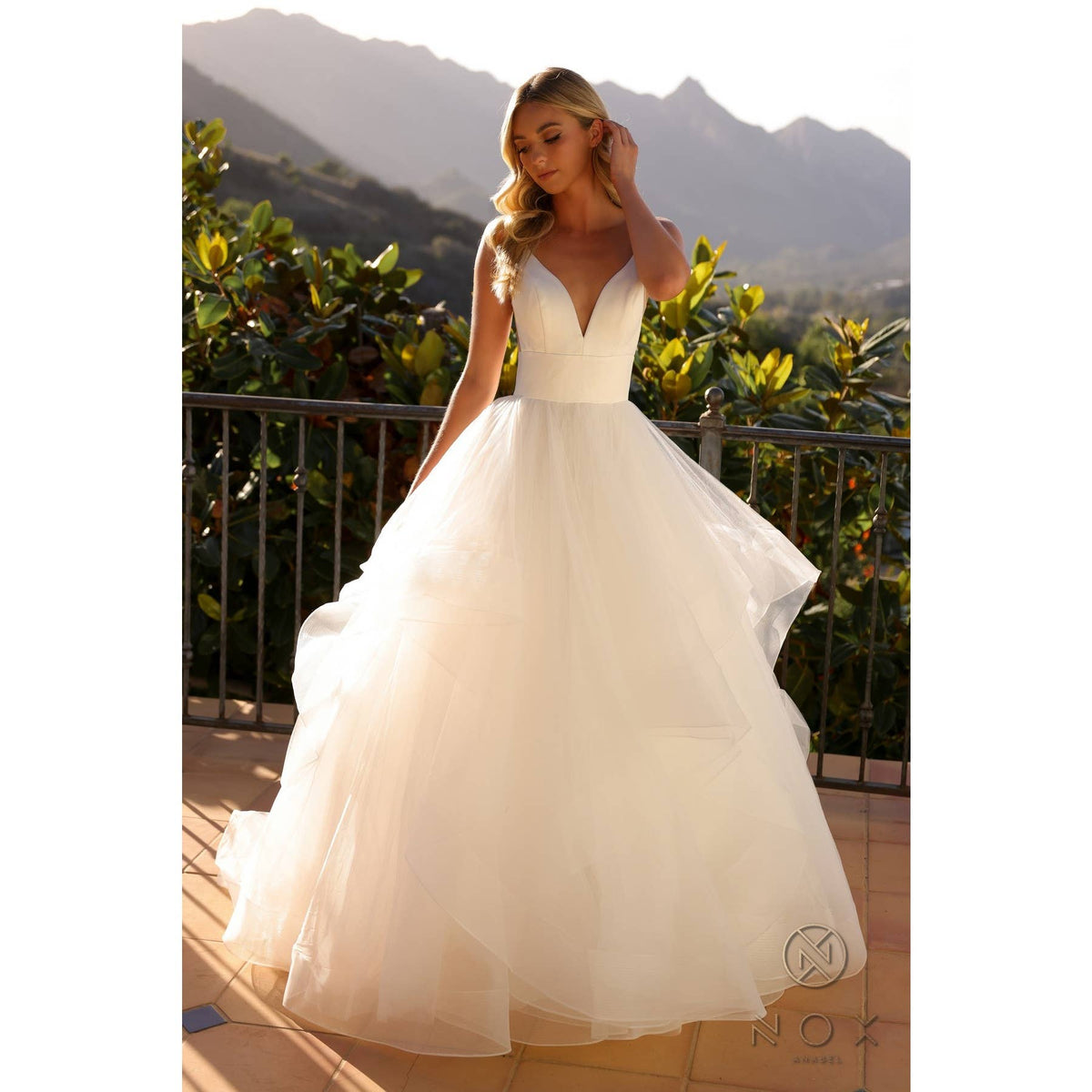 {Elegant V - Neck Layered Tulle A - Line Wedding Bridal Gown JE997} - {} at {Linda Mariposa}