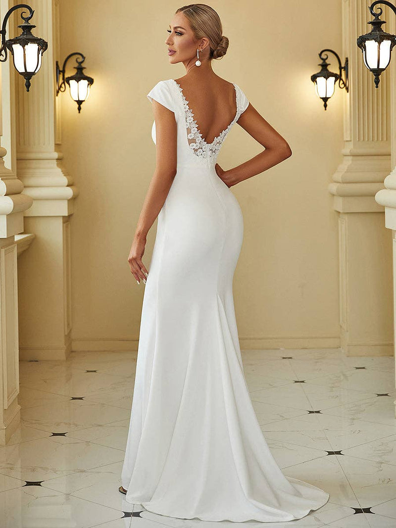{Elegant White Fishtail Wedding Dress with Deep V - Neck and Cover Sleeves} - {} at {Linda Mariposa}