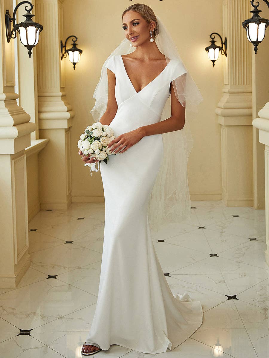 {Elegant White Fishtail Wedding Dress with Deep V - Neck and Cover Sleeves} - {} at {Linda Mariposa}