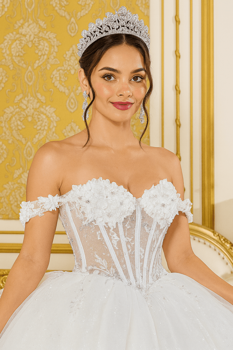 Eternal Bloom Off-Shoulder Wedding Dress with Floral Corset & Lace Details S Eternal Bloom Off-Shoulder Wedding Dress with Floral Corset & Lace Details S