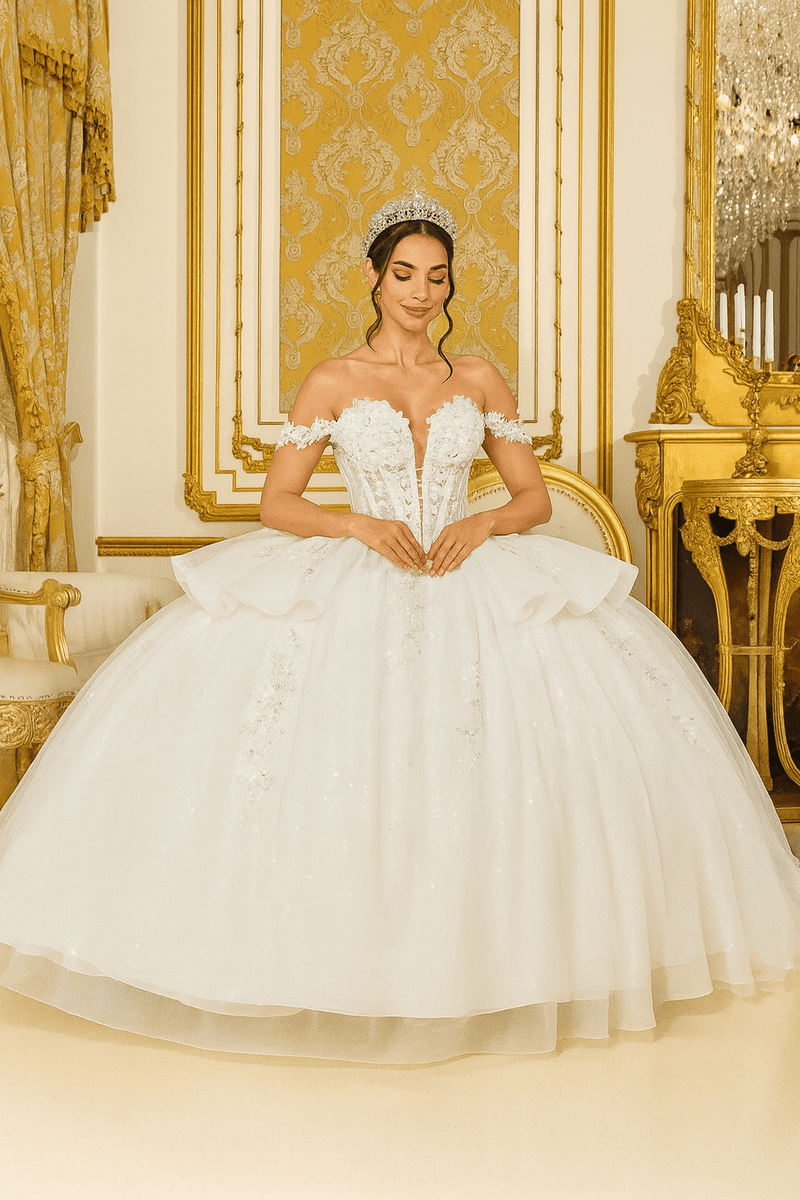 {Eternal Bloom – Off - Shoulder Wedding Dress with Floral Corset & Lace Details} - {} at {Linda Mariposa}