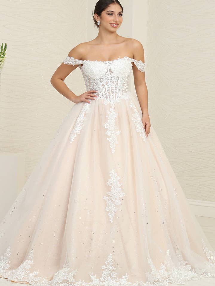 {Exquisite Ivory Nude Floral Bridal Ball Gown with Lace - Up Basque Waist} - {} at {Linda Mariposa}