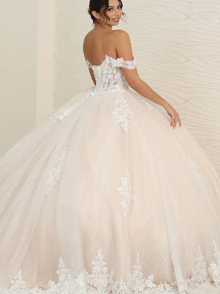 {Exquisite Ivory Nude Floral Bridal Ball Gown with Lace - Up Basque Waist} - {} at {Linda Mariposa}