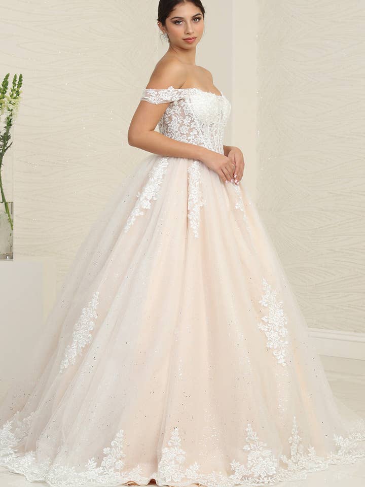 {Exquisite Ivory Nude Floral Bridal Ball Gown with Lace - Up Basque Waist} - {} at {Linda Mariposa}
