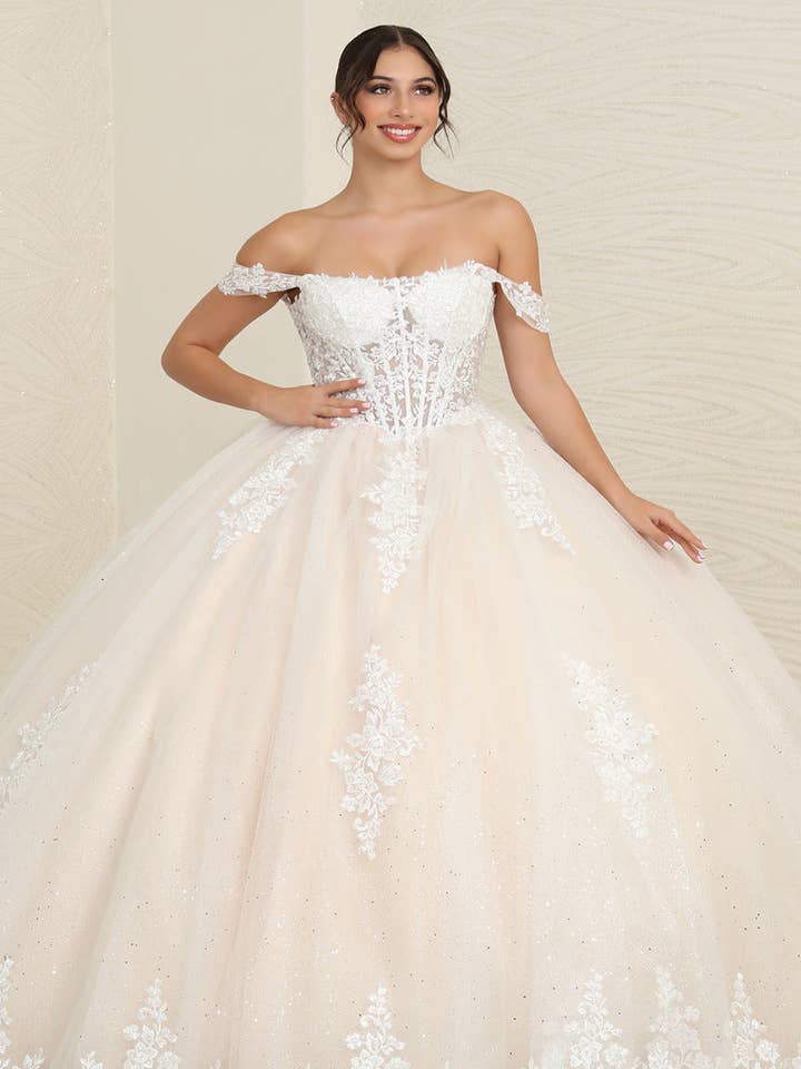 {Exquisite Ivory Nude Floral Bridal Ball Gown with Lace - Up Basque Waist} - {} at {Linda Mariposa}