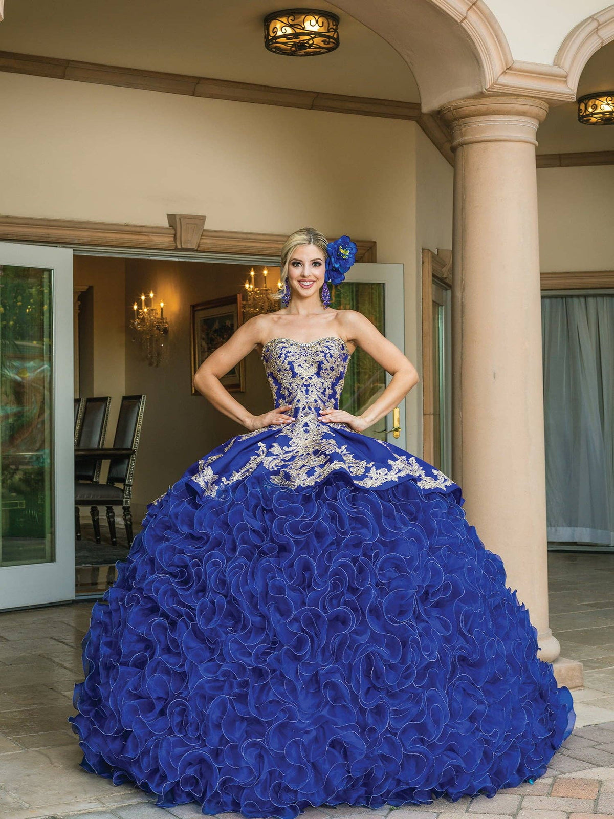 {Exquisite Royal Blue Quinceañera Ball Gown with Gold Embroidery Ruffles} - {} at {Linda Mariposa}