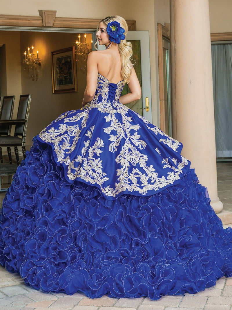 {Exquisite Royal Blue Quinceañera Ball Gown with Gold Embroidery Ruffles} - {} at {Linda Mariposa}