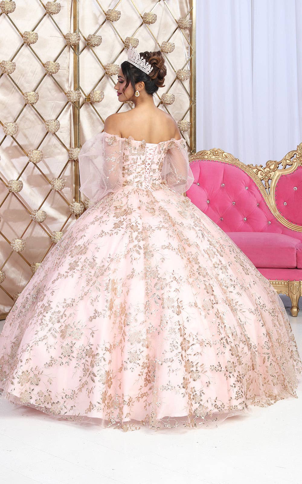 Elegant Off Shoulder Puff Sleeves Quinceanera Ball Gown with Glitter Floral Applique