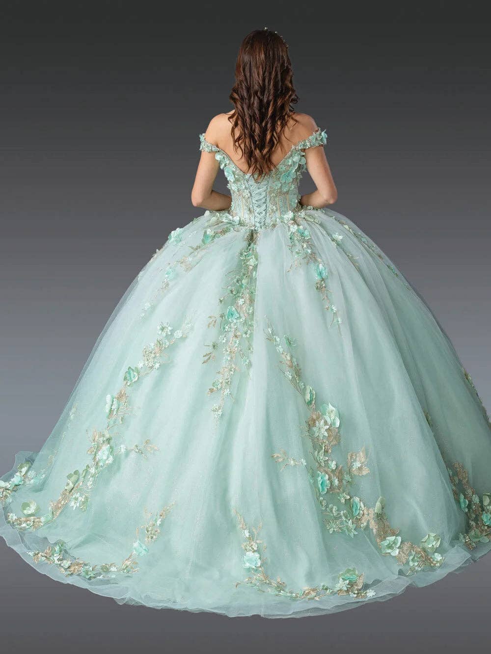 Enchanting Ball Gown with 3D Floral Appliques and Corset Bodice