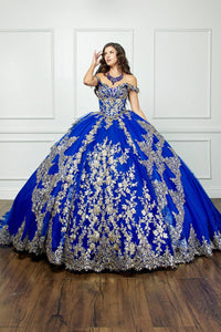 Stunning Royal Blue Bedazzled Off Shoulder Quinceañera Gown, Cathedral Train, Sequin