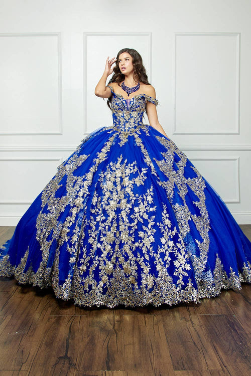 Dazzling Royal Blue Off-Shoulder Quinceañera Gown | Sequin Embroidery Cathedral Train