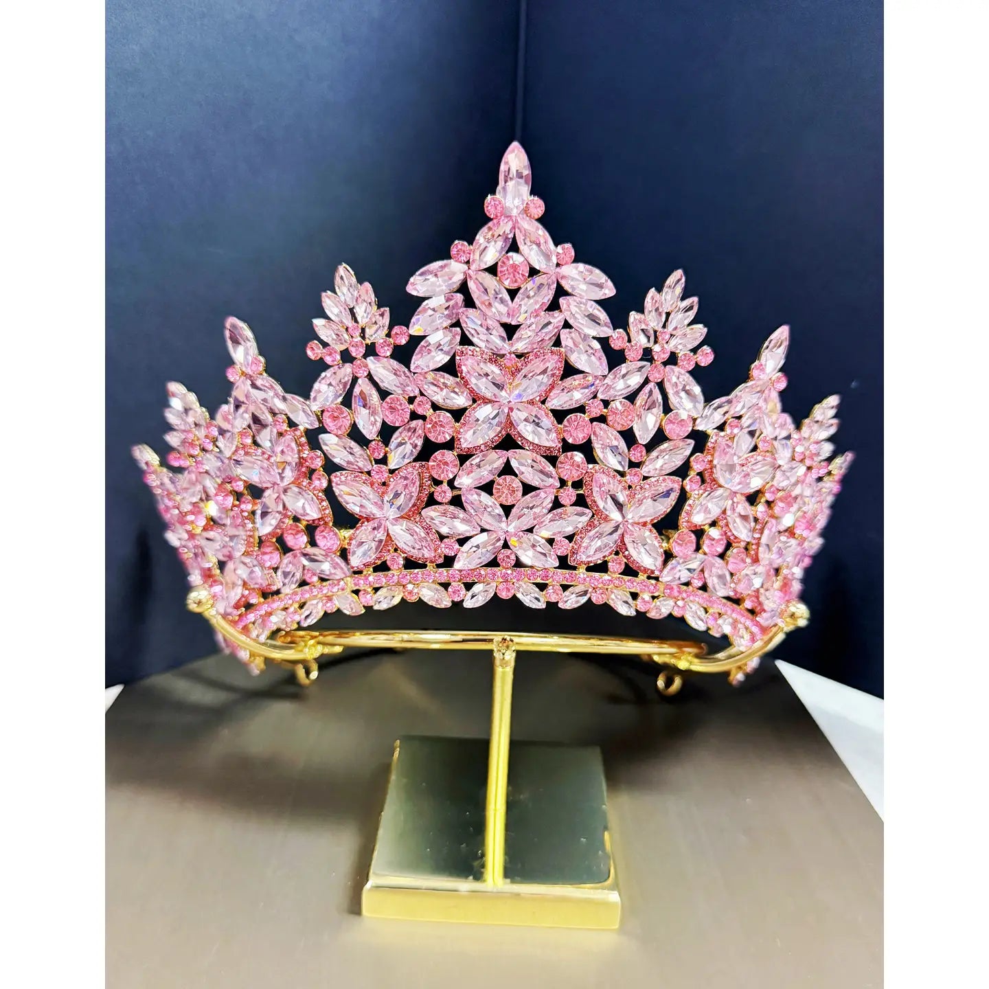 Wholesale Quinceanera Crown, Pink Crystal Crown, Prom Gold Headdress