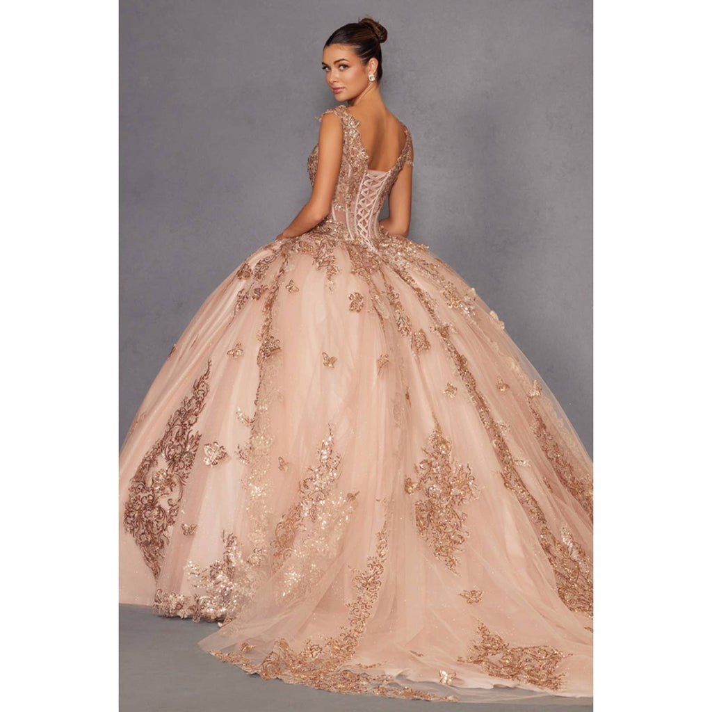 Elegant Rose Gold Sequin Off-Shoulder Ball Gown for Formal Occasions