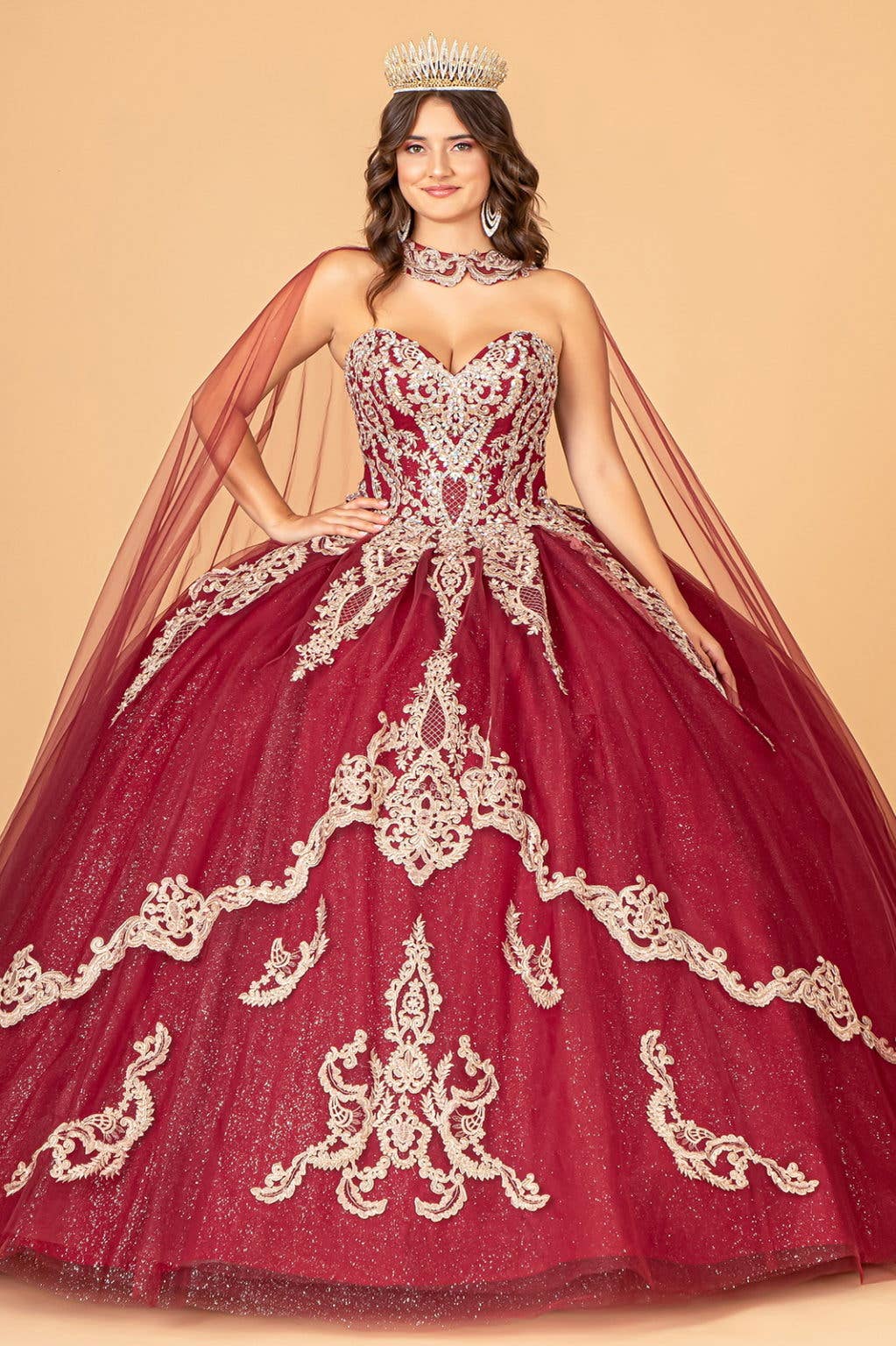 Elegant Glitter Jewel Embellished Quinceanera Ball Gown with Long Mesh Cape