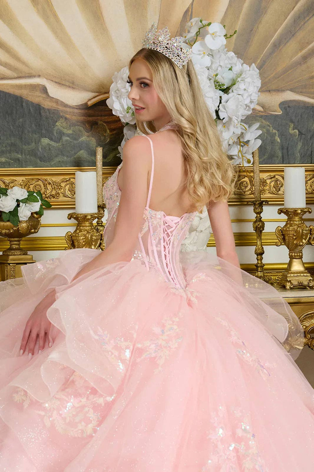 Glamorous Blush Tulle Ball Gown, Ruffled Waist, Beaded Choker & Detachable Cape