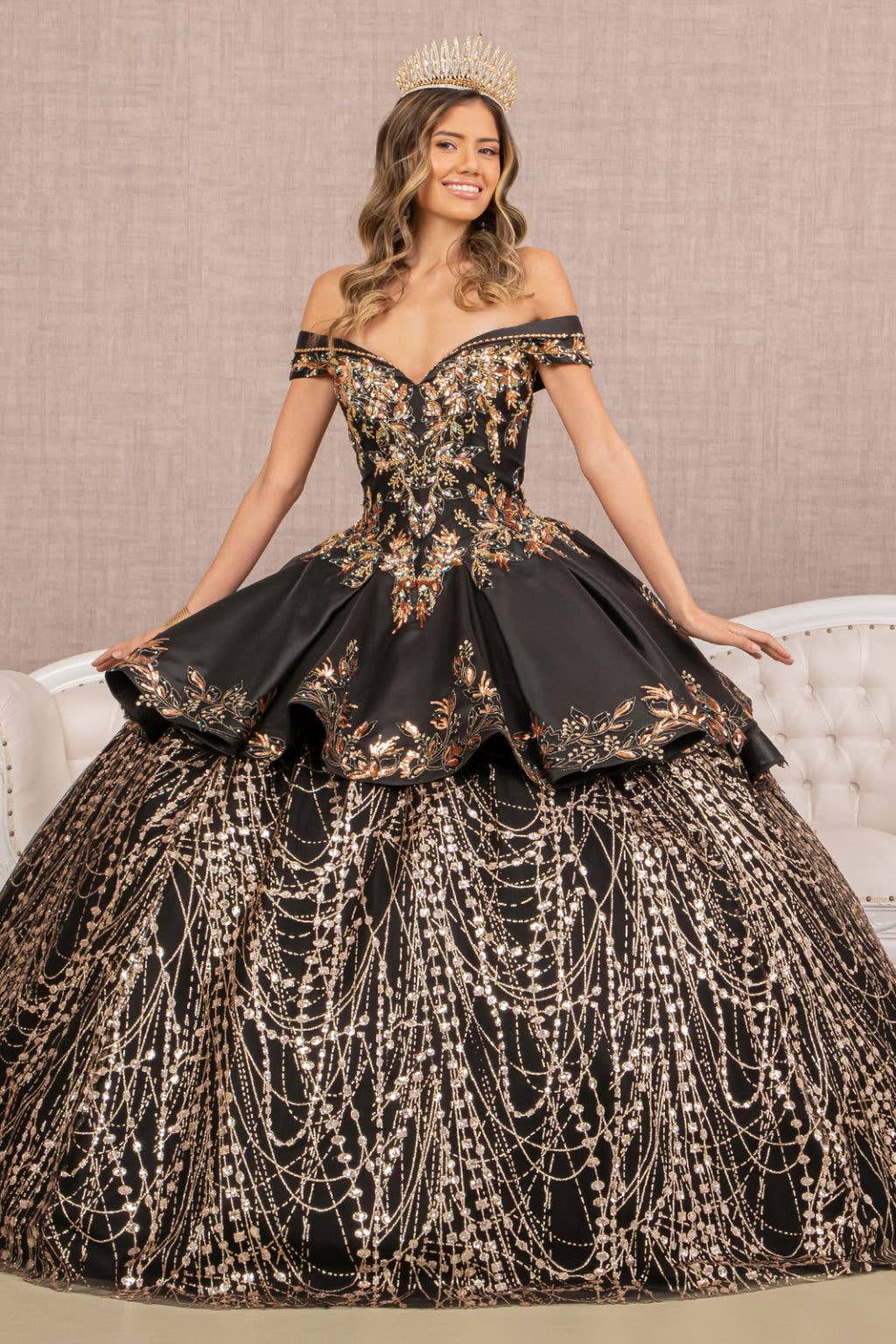 Elegant Off-Shoulder Satin Quinceanera Ball Gown with Dazzling Gold Embroidery