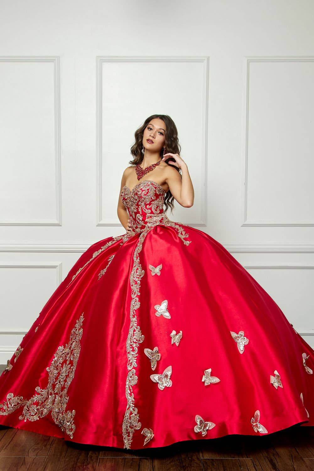 Stunning Royal Blue/Red Quinceañera Ball Gown with Golden Butterfly Accents