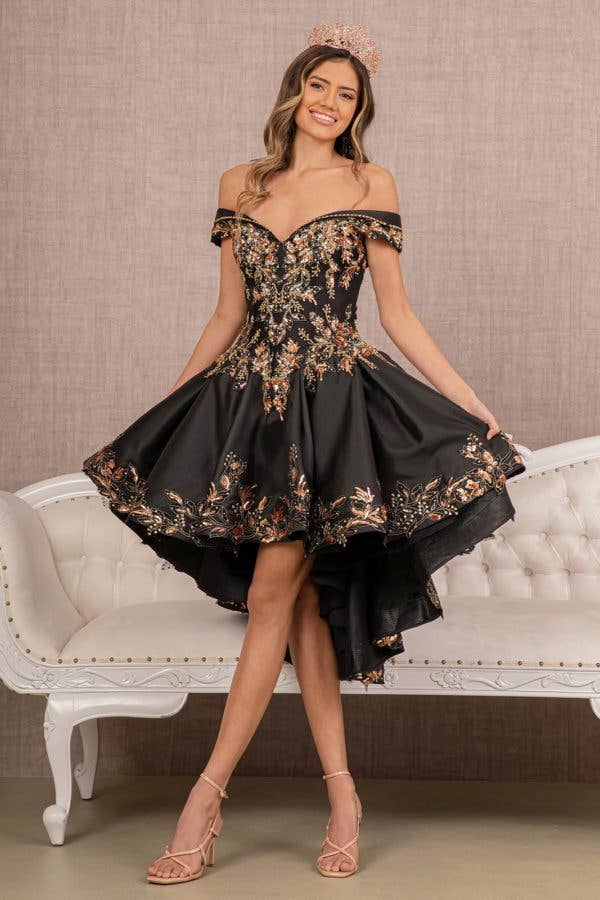 Elegant Off-Shoulder Satin Quinceanera Ball Gown with Dazzling Gold Embroidery