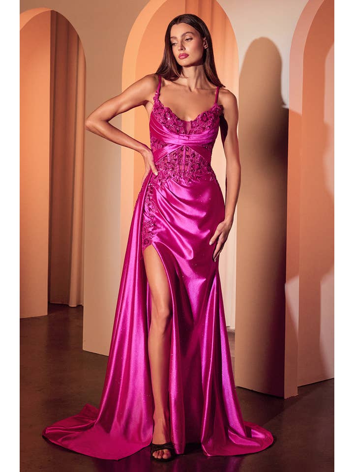 {Fitted Satin & Lace Evening Gown with Sweetheart Neckline and Slit} - {} at {Linda Mariposa}