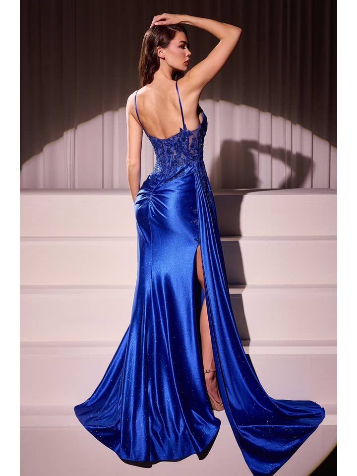 {Fitted Satin & Lace Evening Gown with Sweetheart Neckline and Slit} - {} at {Linda Mariposa}