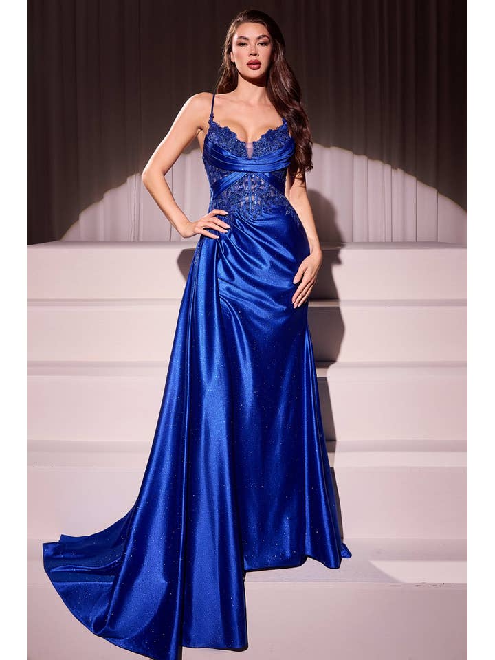 {Fitted Satin & Lace Evening Gown with Sweetheart Neckline and Slit} - {} at {Linda Mariposa}