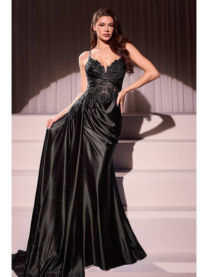 {Fitted Satin & Lace Evening Gown with Sweetheart Neckline and Slit} - {} at {Linda Mariposa}