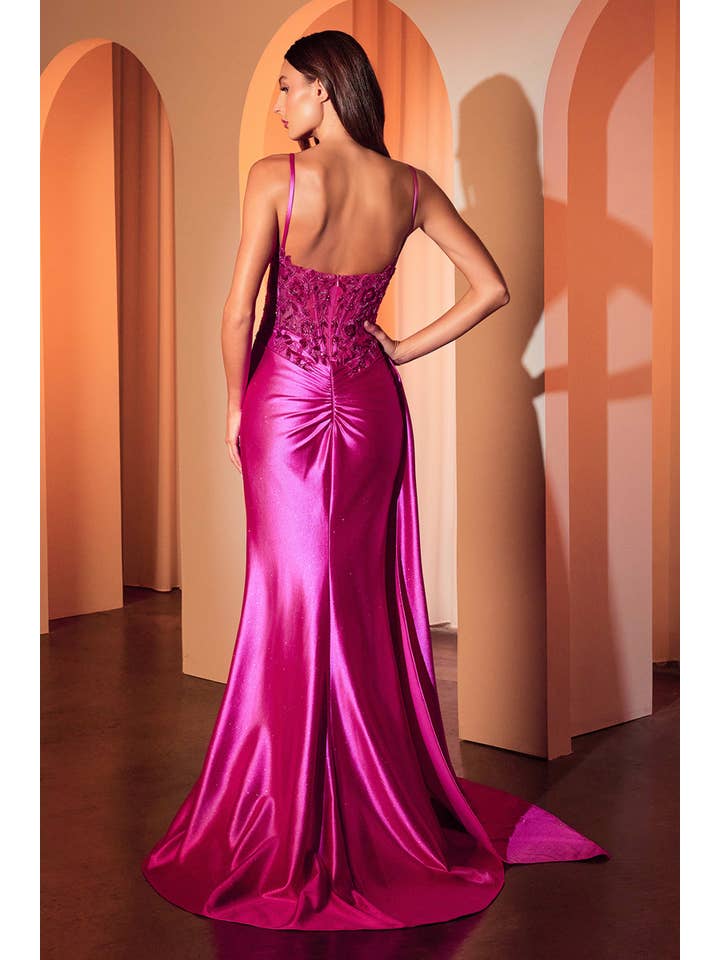 {Fitted Satin & Lace Evening Gown with Sweetheart Neckline and Slit} - {} at {Linda Mariposa}