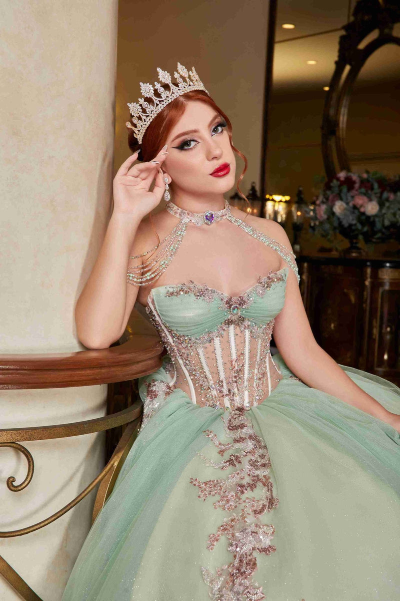 {Garden Glow – Sage Green Quinceañera Dress with Floral Appliqués & Glitter} - {} at {Linda Mariposa}