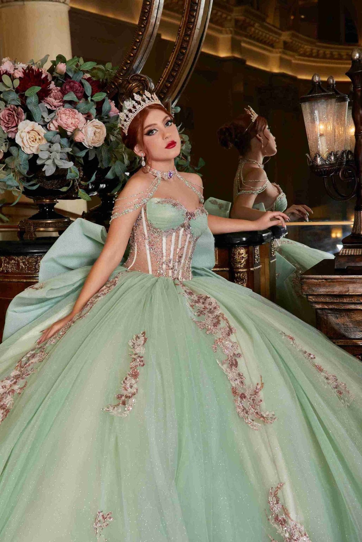 {Garden Glow – Sage Green Quinceañera Dress with Floral Appliqués & Glitter} - {} at {Linda Mariposa}