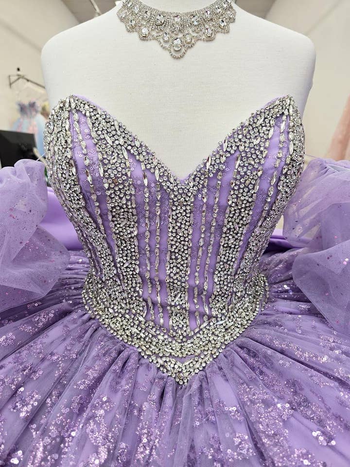 {Glamorous Glass Beaded Glitter Tulle Quinceañera Dress with Detachable Sleeves} - {} at {Linda Mariposa}