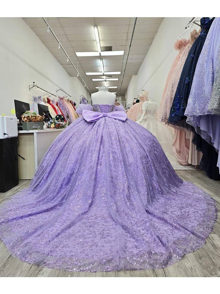 {Glamorous Glass Beaded Glitter Tulle Quinceañera Dress with Detachable Sleeves} - {} at {Linda Mariposa}