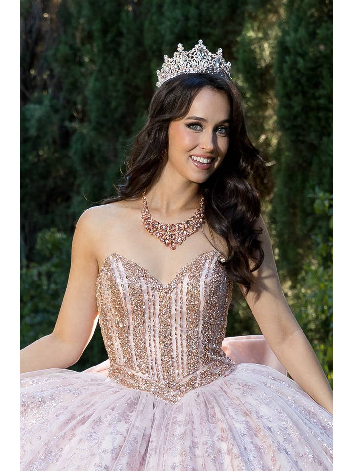 {Glamorous Glass Beaded Glitter Tulle Quinceañera Dress with Detachable Sleeves} - {} at {Linda Mariposa}