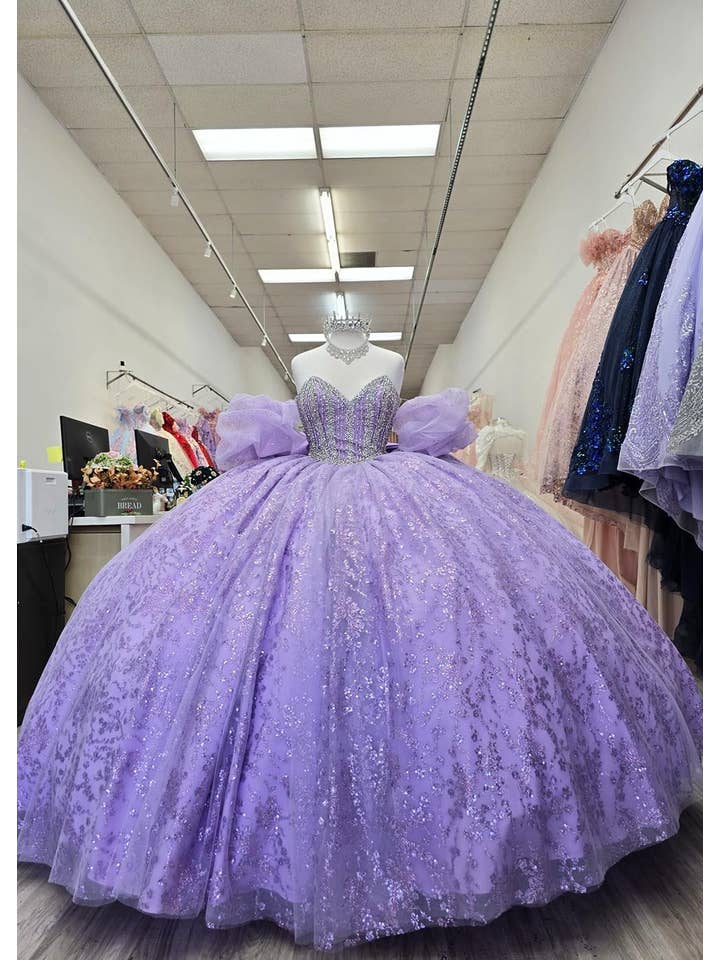 {Glamorous Glass Beaded Glitter Tulle Quinceañera Dress with Detachable Sleeves} - {} at {Linda Mariposa}