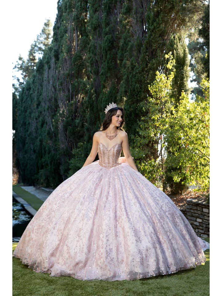 Glamorous Glass Beaded Glitter Tulle Quinceañera Dress with Detachable Sleeves Blush/ Rose Gold / M