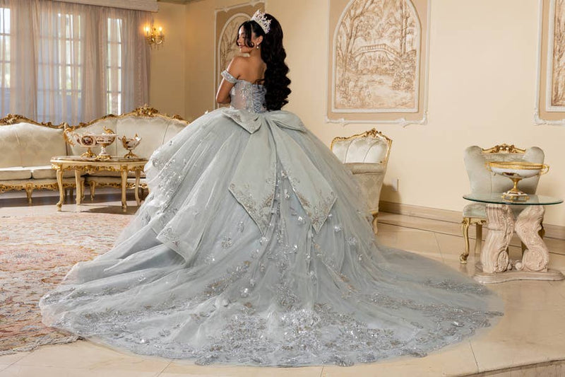 {Ice Blue Quinceañera Ball Gown | Tiered Ruffle Skirt & Beaded Corset} - {} at {Linda Mariposa}