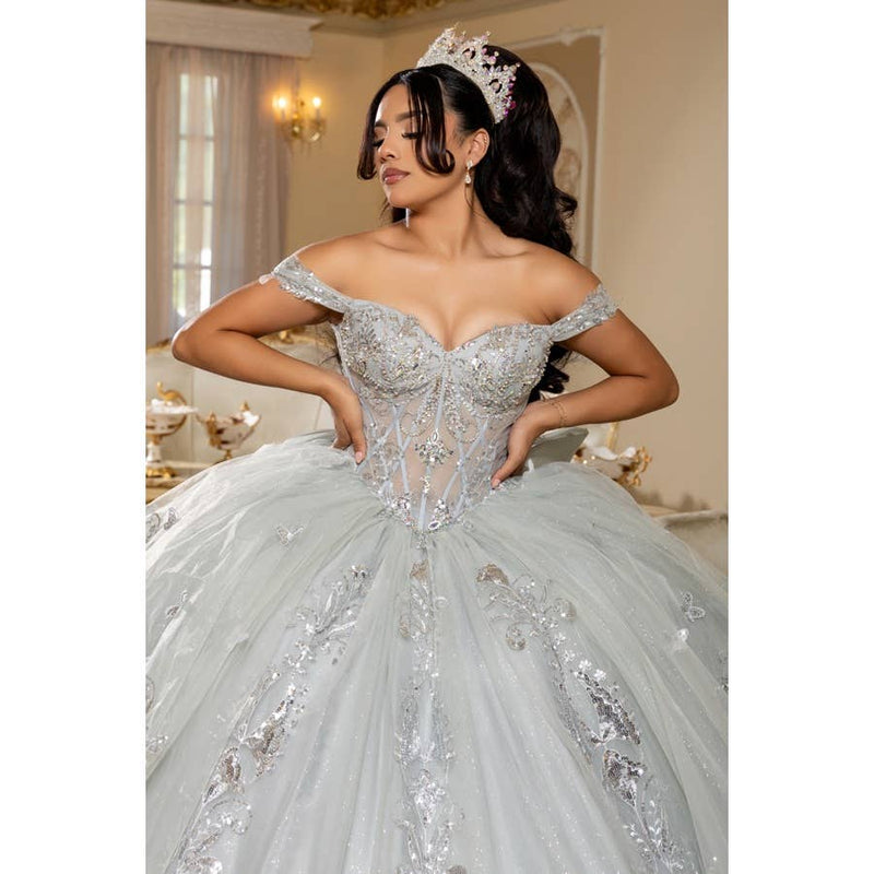 {Ice Blue Quinceañera Ball Gown | Tiered Ruffle Skirt & Beaded Corset} - {} at {Linda Mariposa}