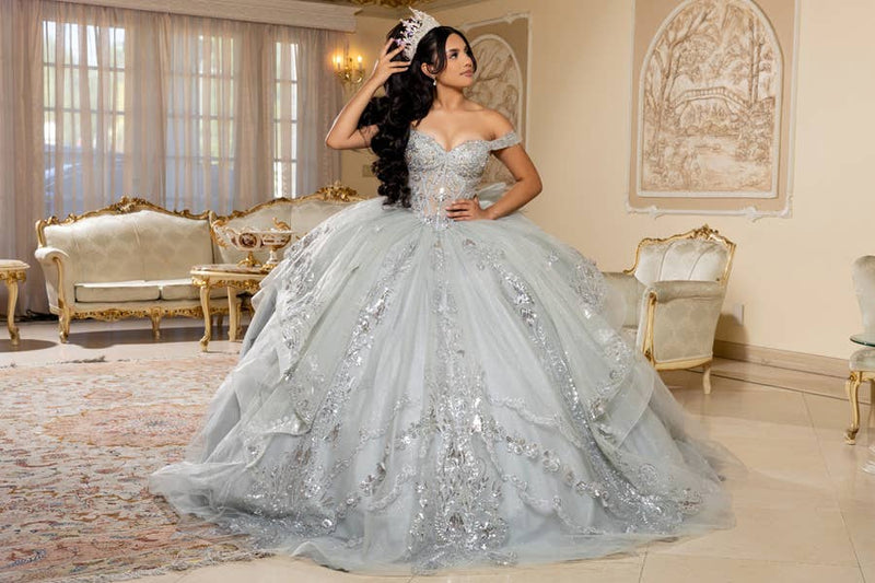 {Ice Blue Quinceañera Ball Gown | Tiered Ruffle Skirt & Beaded Corset} - {} at {Linda Mariposa}