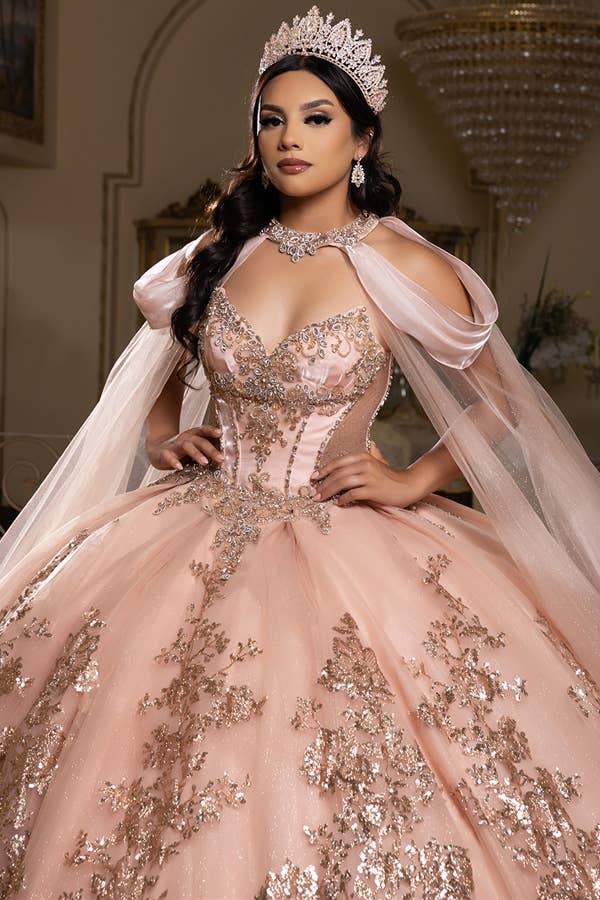 {Illusion Sweetheart Quinceañera Ball Gown | Corset Back & Capelet} - {} at {Linda Mariposa}