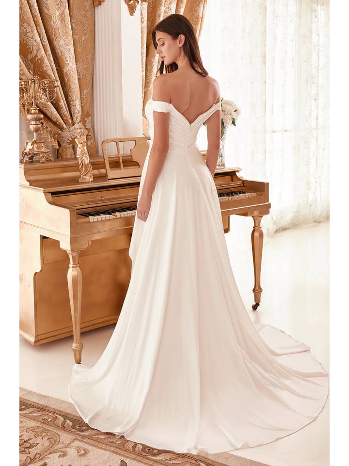 {Ivory Off - the - Shoulder Bridal Gown | Detachable Overskirt & High Slit} - {} at {Linda Mariposa}