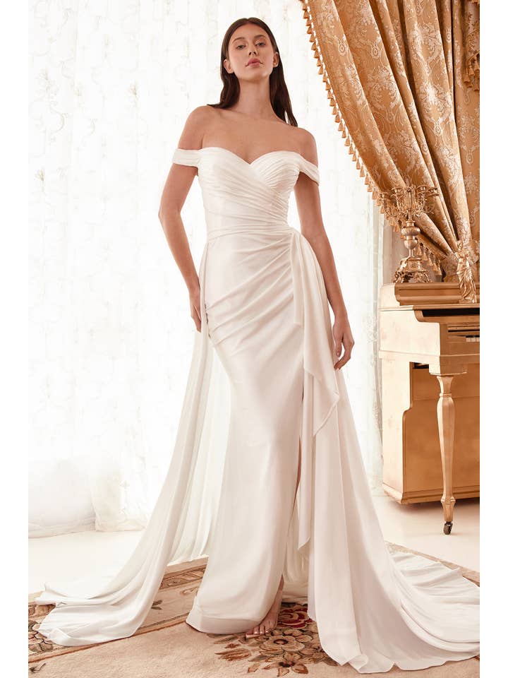 {Ivory Off - the - Shoulder Bridal Gown | Detachable Overskirt & High Slit} - {} at {Linda Mariposa}
