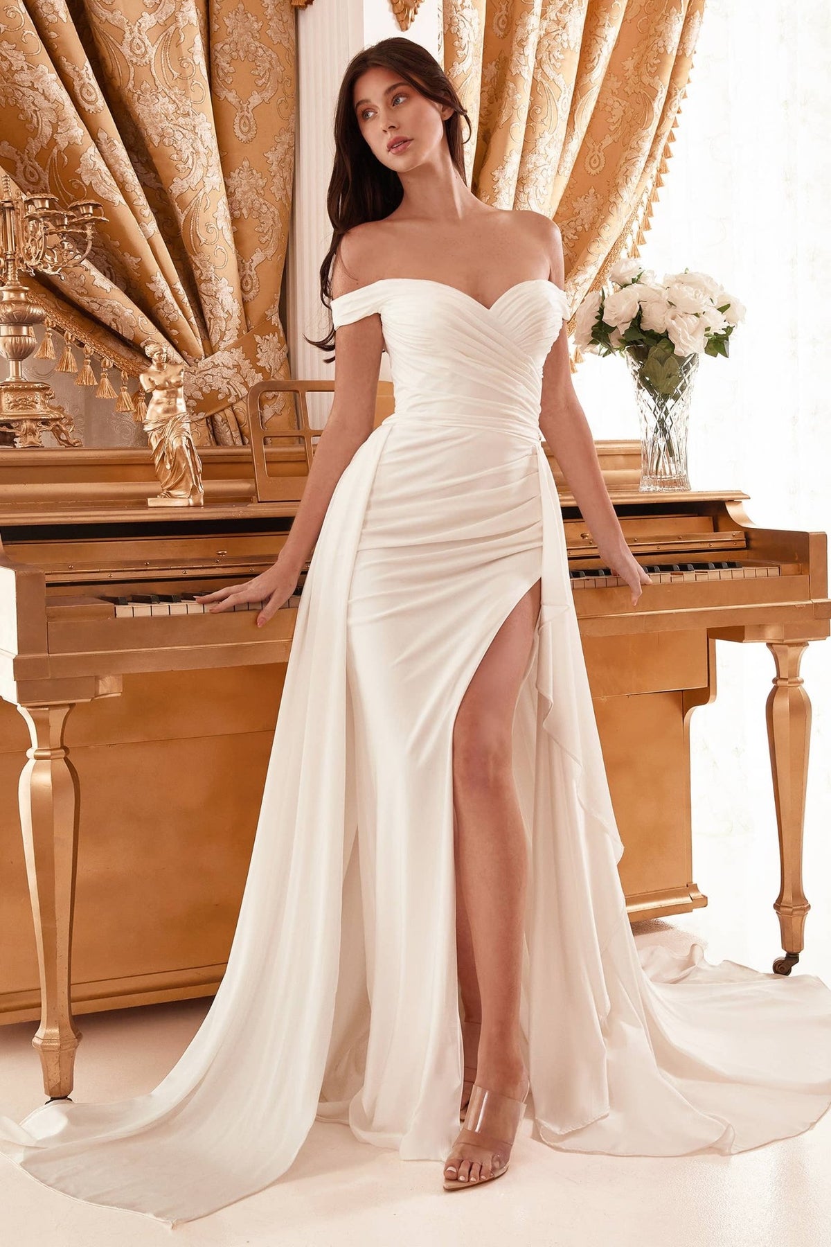 {Ivory Off - the - Shoulder Bridal Gown | Detachable Overskirt & High Slit} - {} at {Linda Mariposa}