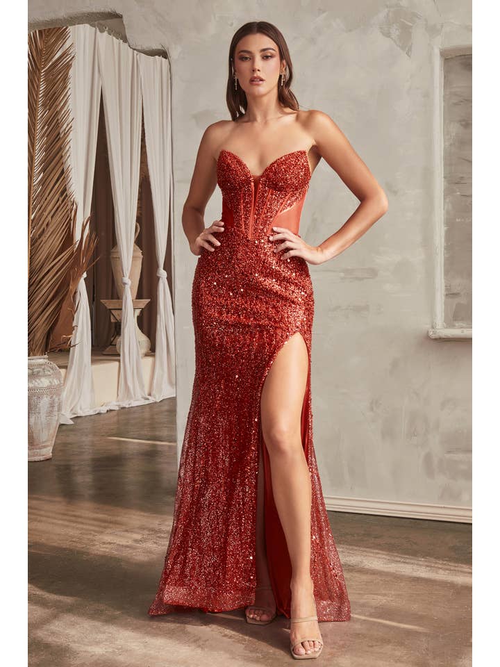 {Ladivine by Cinderella Divine Sequin Embellished Strapless Corset Gown} - {} at {Linda Mariposa}