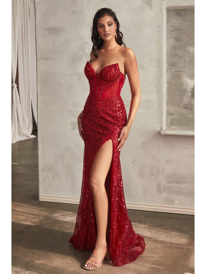 {Ladivine by Cinderella Divine Sequin Embellished Strapless Corset Gown} - {} at {Linda Mariposa}
