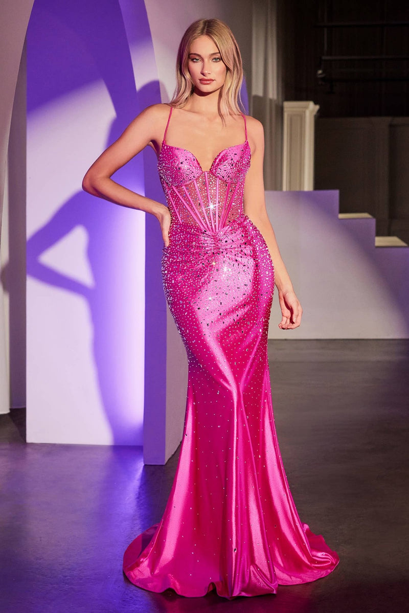 {Ladivine Fitted Crystal Embellished Stretch Satin Formal Evening Gown} - {} at {Linda Mariposa}