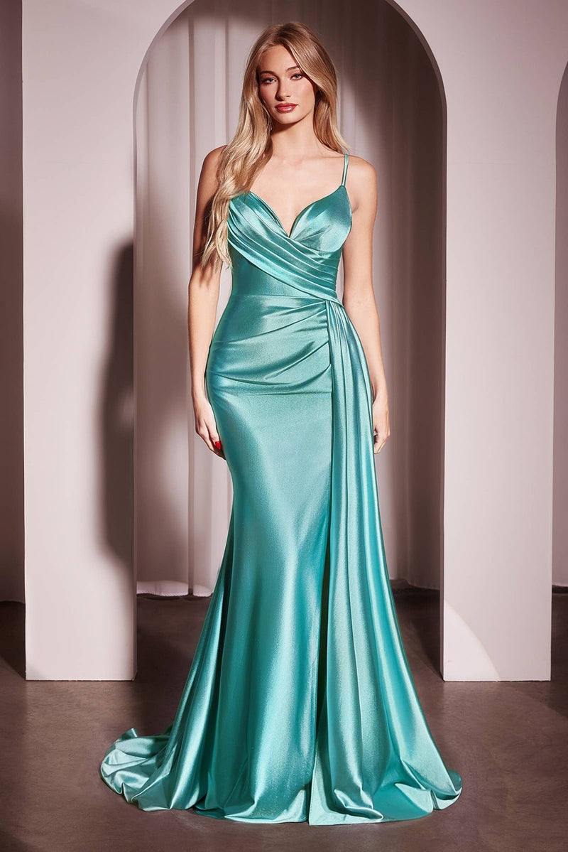 {Ladivine Soft Satin Fit and Flare Gown with V - Neckline} - {} at {Linda Mariposa}