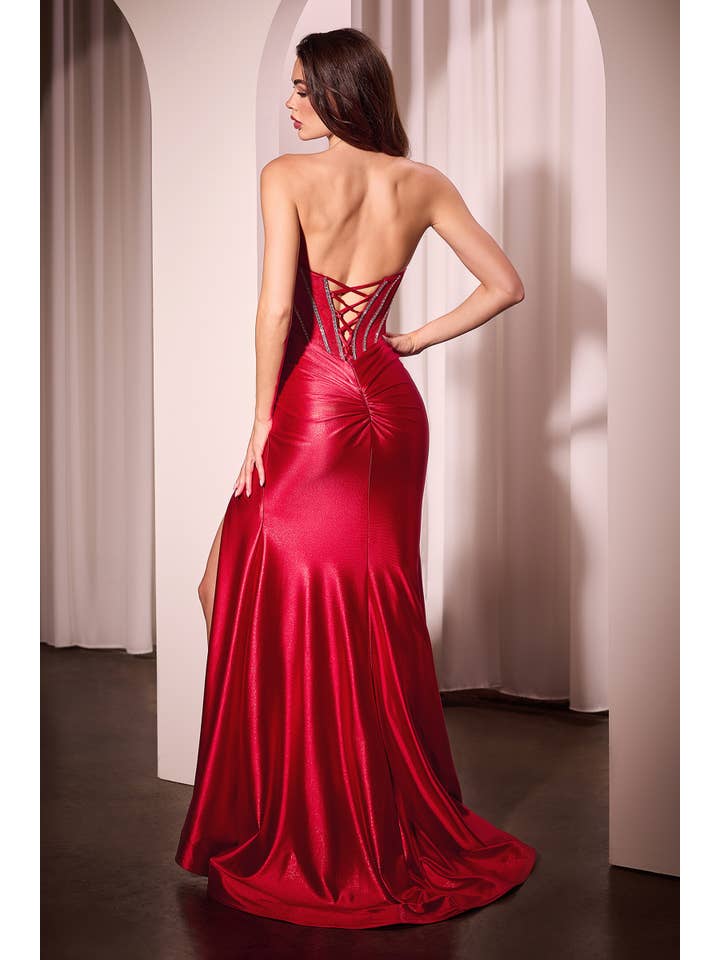 {Ladivine Strapless Lace Bodice Satin Fitted Evening Gown With Slit} - {} at {Linda Mariposa}