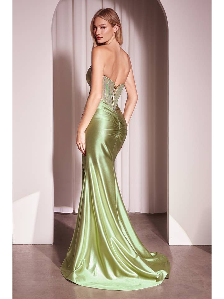 {Ladivine Strapless Lace Bodice Satin Fitted Evening Gown With Slit} - {} at {Linda Mariposa}
